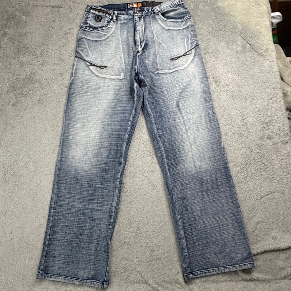 Akademiks Men Light Wash Baggy Wide Leg Denim Jeans Y2K Streetwear Size 36